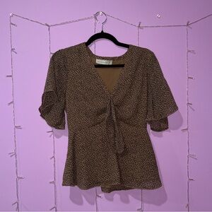 Abercrombie & Fitch Tie-Front Short Sleeve Blouse in Brown Animal Print